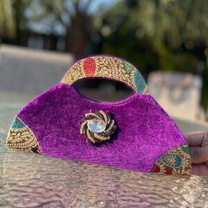 Purple Velvet Clutch with Embellished Brooch